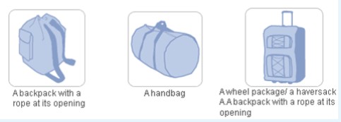 Una mochila con un cordón de apertura, una bolsa de mano, una mochila y un embalaje con ruedas